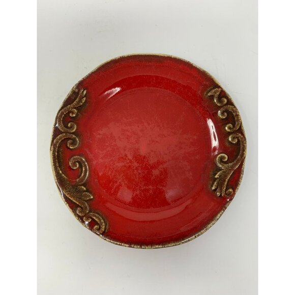 PIER 1 IMPORTS VANIA Salad Plates ~ Set of 5 ~ Brown Scrolls on Red ~ Italy - Picture 12 of 13